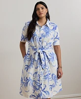 Lauren Ralph Plus Paisley Tie-Front Linen Shirtdress