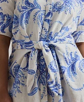 Lauren Ralph Plus Paisley Tie-Front Linen Shirtdress