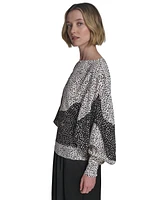 Halston Women's Printed Boat-Neck Blouson-Sleeve Top