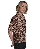 Halston Women's Cotton Printed Elbow-Sleeve Button-Front Blouse