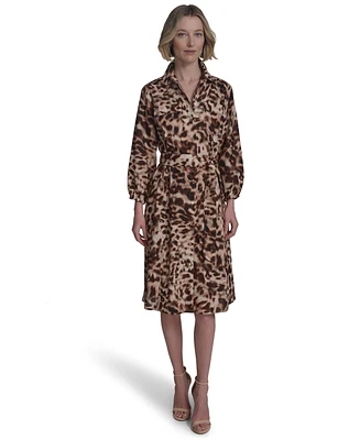 Halston Women's Cotton Printed Tie-Waist Shirtdress