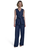Halston Women's Denim-Like Tie-Waist Sleeveless Top
