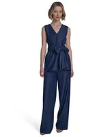 Halston Womens Denim Like Tie Waist Sleeveless Top Mid Rise Wide Leg Pants
