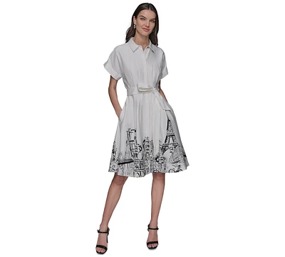 Karl Lagerfeld Paris Women's Tie-Waist Border Shirt Dress