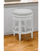 26" White Fabric And Solid Wood Swivel Backless Counter Height Bar Chair