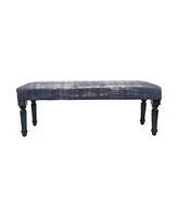 47" Blue And Cream Abstract Design Blue Leg Upholstered Bench