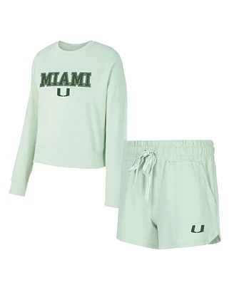 Concepts Sport Women's Light Green Miami Hurricanes Elevation Tri-Blend Long Sleeve Top and Short, Set of 2