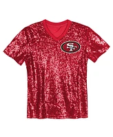 Outerstuff Big Girls Scarlet San Francisco 49ers Wordmark Sequin V-Neck T-Shirt