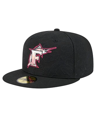 New Era Men's Black Florida Marlins Cooperstown Collection Tonal Koi 59FIFTY Fitted Hat