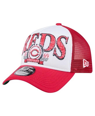 New Era Men's White/Red Cincinnati Reds Distressed 9FORTY A-Frame Adjustable Trucker Hat