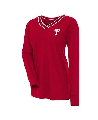 Antigua Women's Red Philadelphia Phillies Symbolic Long Sleeve V-neck Top