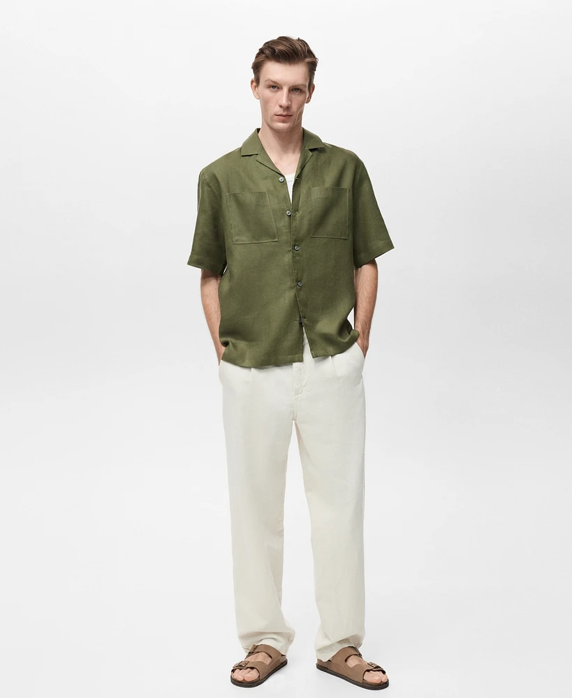 Mango Men's Linen Bowling-Collar Shirt