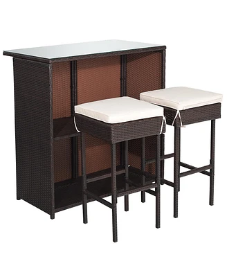 3PCS Patio Rattan Wicker Bar Table Stools Dining Set Cushioned