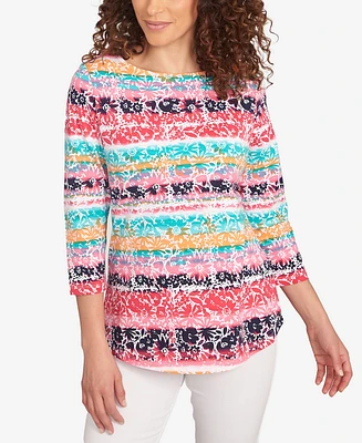 Ruby Rd. Petite Watercolor Floral Stripe Top