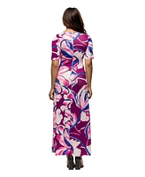 24seven Comfort Apparel Women's Purple Floral Print Elbow Sleeve Casual A Line Maxi Dress