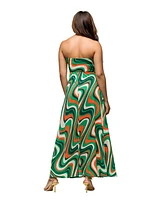 24seven Comfort Apparel Women's Green Print A Line Strapless Maxi Dress with Pockets