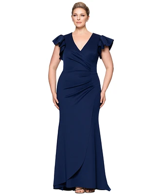 Xscape Plus Gathered-Waist Flutter-Sleeve Evening Gown