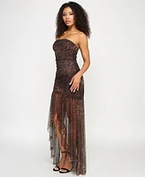 Katia Rae Juniors' Animal-Print Strapless Ruched Gown