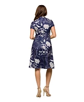 24seven Comfort Apparel Women's Navy Print Short Sleeve Knee Length V Neck Wrap Dress