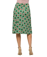 24seven Comfort Apparel Women's Green Geometric Print Comfortable Elastic Waist Knee Length Skirt