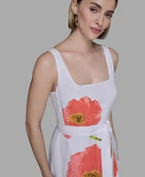 Karl Lagerfeld Paris Women's Floral-Print Linen-Blend A-Line Dress