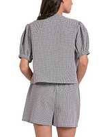 Elan Women's Gingham Tie-Front Puff-Sleeve Top