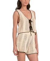 Elan Womens Crochet Tipped Tie Front Vest Crochet Tipped High Waisted Pull On Shorts