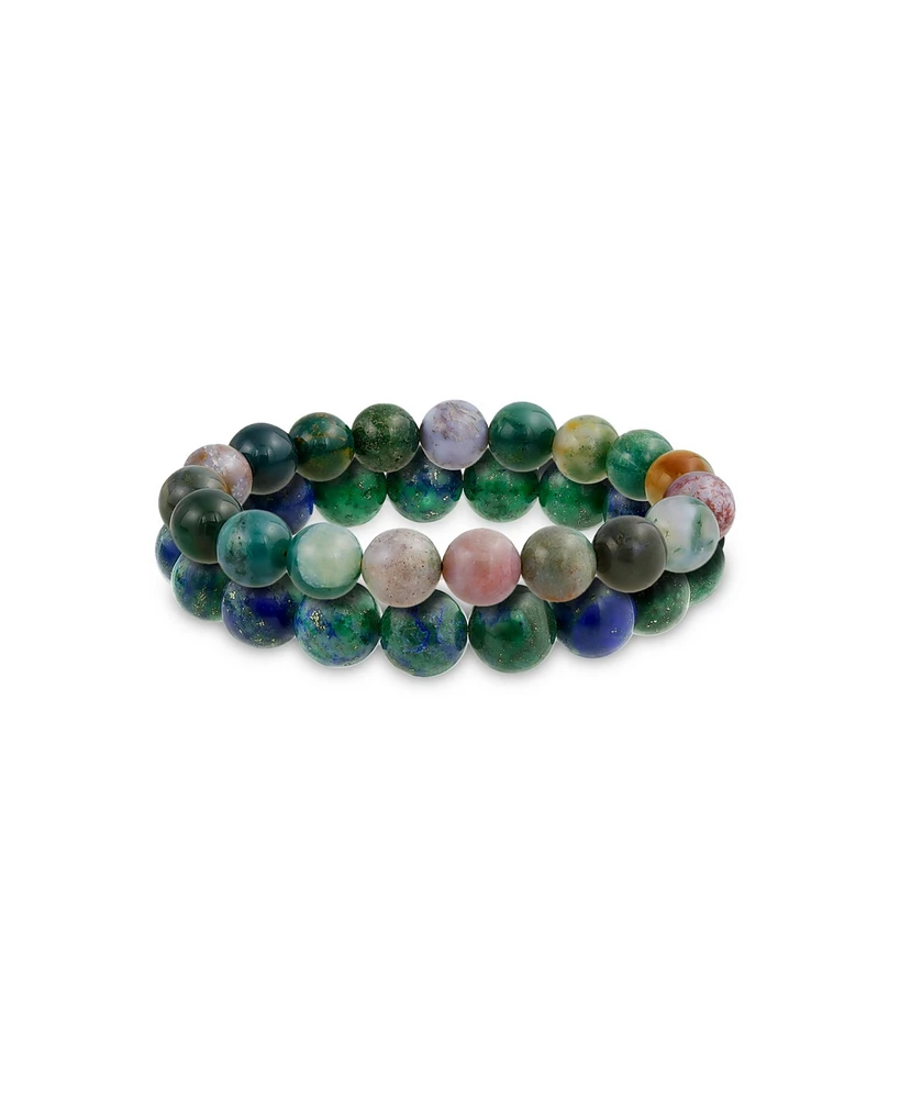 Bling Jewelry Set of 2 Natural Bead Blue Azurite Multi Color Jasper 12MM Stretch Bracelet