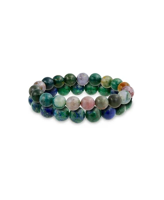 Bling Jewelry Set of 2 Natural Bead Blue Azurite Multi Color Jasper 12MM Stretch Bracelet
