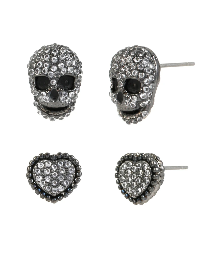 Betsey Johnson Faux Stone Pave Heart Skull Duo Stud Earring Set