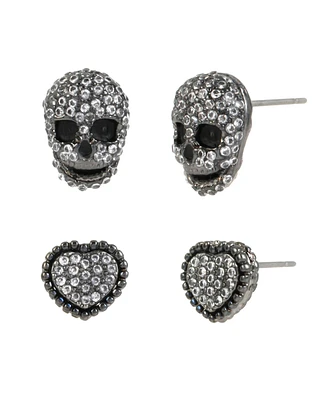 Betsey Johnson Faux Stone Pave Heart Skull Duo Stud Earring Set