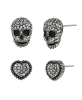 Betsey Johnson Faux Stone Pave Heart Skull Duo Stud Earring Set