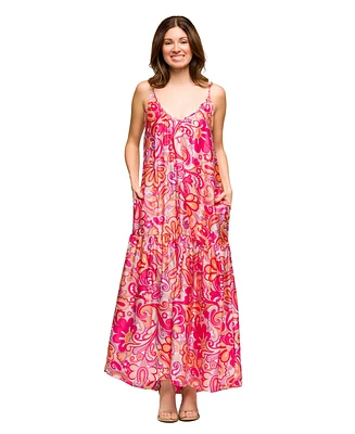 24seven Comfort Apparel Women's Pink Print Lightweight Spaghetti Strap Pocket Maxi Dress