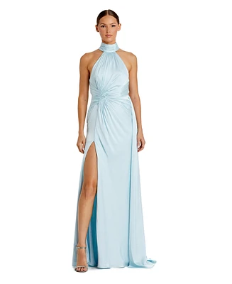 Mac Duggal Women's Open Back High Neck Side Ruched Gown