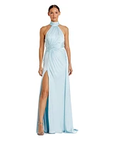 Mac Duggal Women's Open Back High Neck Side Ruched Gown