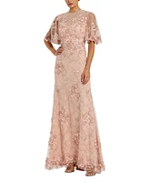 Mac Duggal Women's Flutter Sleeve Floral Embroidered Net Gown