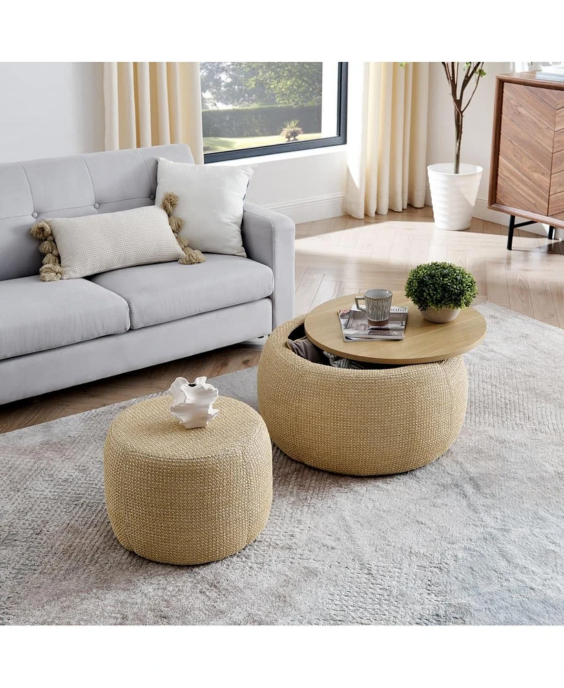 2 in 1 Round Storage Ottoman with Hidden Stool and Wood Top Rattan Fabric Coffee Table for Living Room Bedroom No Assembly Needed-The Pop Home
