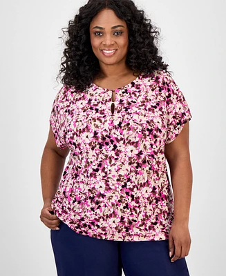 Jones New York Plus Floral-Print Keyhole Top
