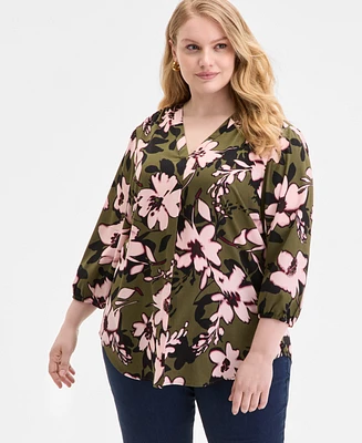 Jones New York Plus Floral-Print 3/4-Sleeve Top