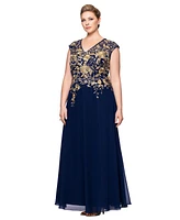 Betsy & Adam Plus Metallic-Embroidered A-Line Gown