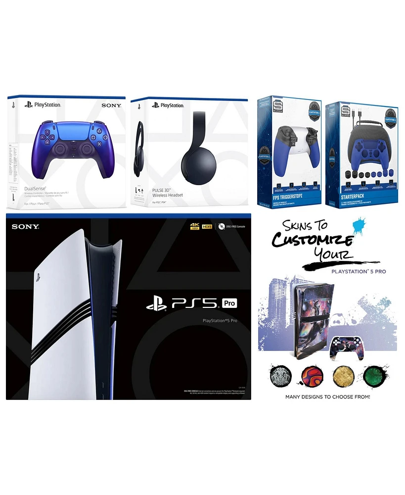 Sony Playstation 5 Pro Bundle with Black Pulse Headset, Extra Starlight Blue Controller, Gamer Kit, Trigger Kit and MightySkins Decal Voucher