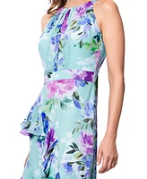 Betsy & Adam Petite Printed Halter-Neck Ruffled Sleeveless Gown