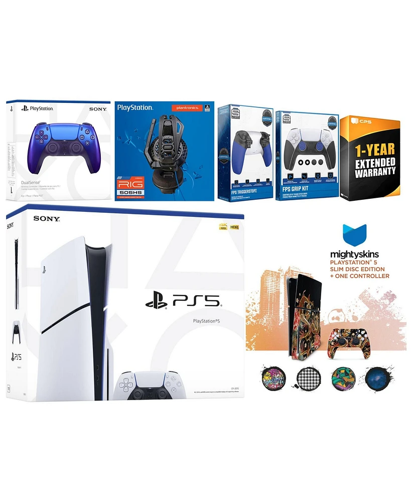 Sony Playstation 5 Slim Disc with Extra Chroma Indigo Controller, Plantronics Headset, Trigger Stop Kit, Fps Grip Kit and MightySkins Decal Voucher +