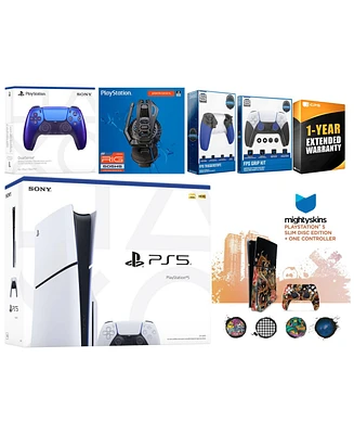 Sony Playstation 5 Slim Disc with Extra Chroma Indigo Controller, Plantronics Headset, Trigger Stop Kit, Fps Grip Kit and MightySkins Decal Voucher +