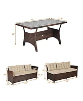 3PCS Rattan Dining Set Patio Furniture 6 Seats Sofa Cushioned