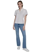 Karl Lagerfeld Paris Women's Mixed-Media Eyelet Knit Top