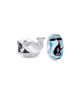 Bling Jewelry Set of 2 Nautical Ocean Whale Charm Bead Glass Oxidized Sterling Silver