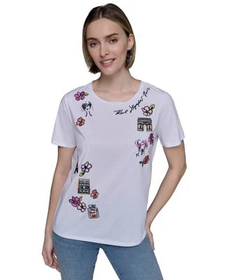 Karl Lagerfeld Paris Womens Embroidered Graphic T Shirt Xs P Xl