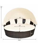 Patio Rattan Daybed Cushioned Sofa Adjustable Table Top Canopy 3 Pillows