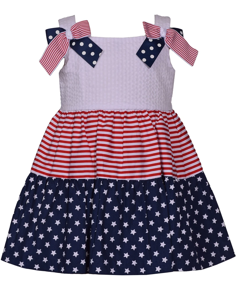 Bonnie Baby Girls Americana Mixed Print Bow Shoulder Dress